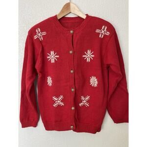 Vintage Red Christmas Sweater Size S Cardigan Knit Snowflakes Sequins Holiday